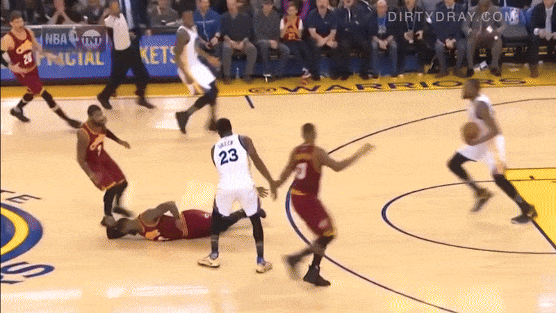 close up angle of draymond green clothesline of lebron james at mid court