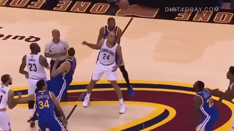 Draymond Green hits Iman Shumpert in the head going for ball at tip off during Game 4 of the 2017 NBA Finals.